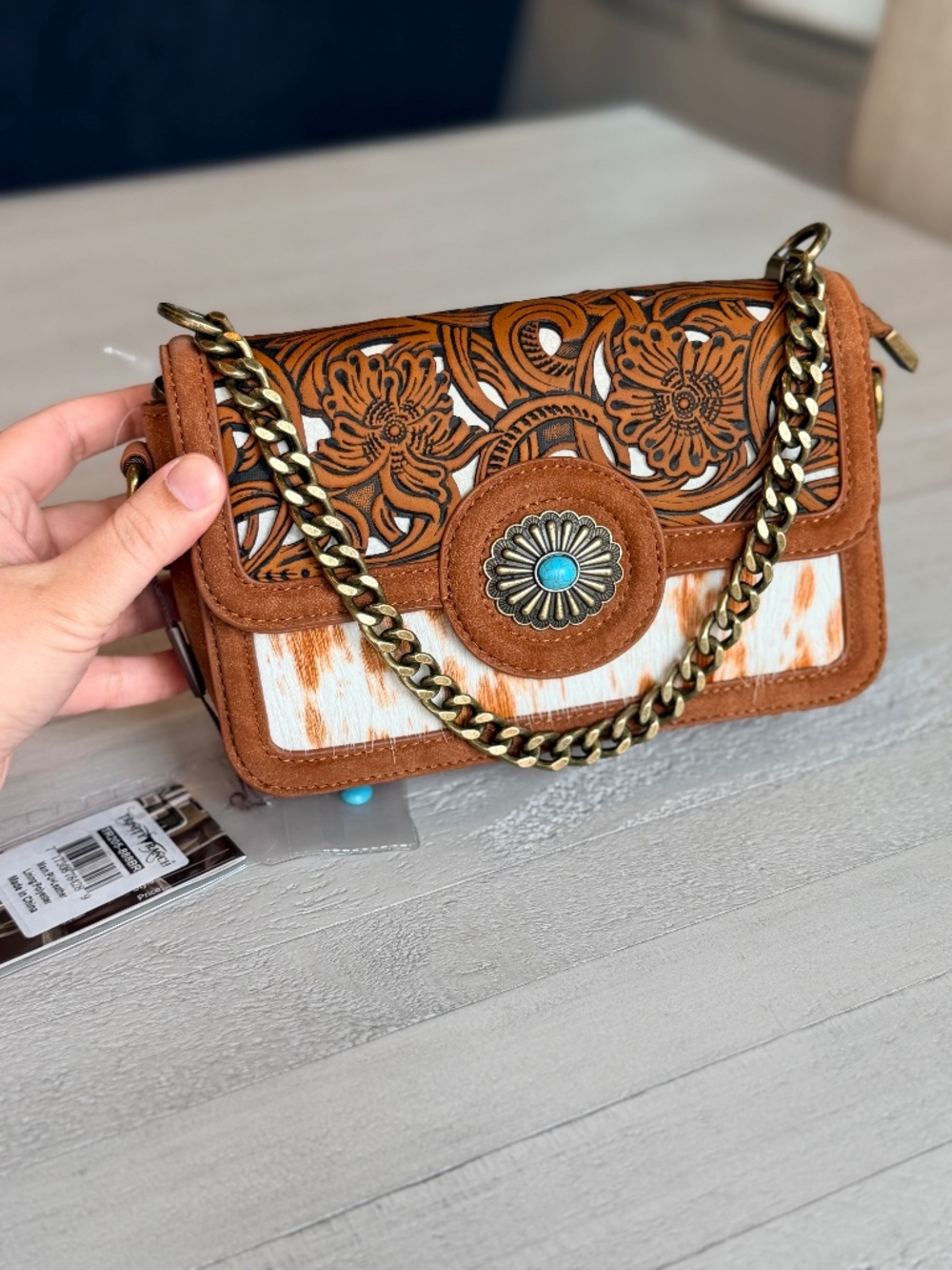 Trinity Ranch Cowhide Floral Cutout Crossbody Bag Brown